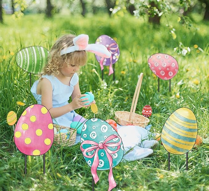 AnyDesign Easter Garden Stakes Welcome Metal Yard Sign Easter Decorations Outdoor Stacked Egg with Bow Decorative Lawn Sign for Spring Farmhouse Home Outside Lawn Porch Walkway Decor, 2 Sets