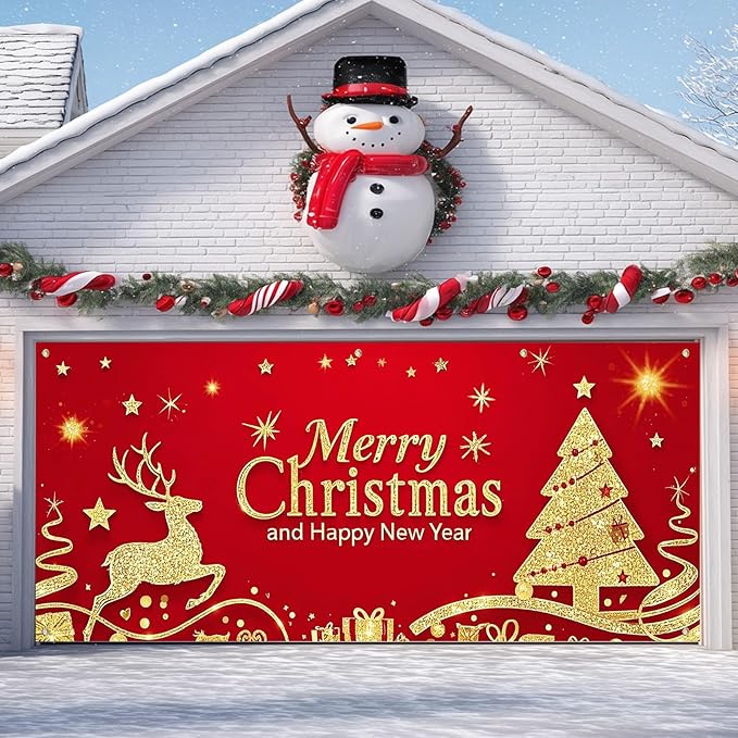 IVN Christmas Garage Door Cover Decoration 13x6ft Santa Glitter Gold Tree Reindeer on Red Holiday Christmas Garage Door Banner Home Garage Door Front Yard Decor for Xmas Eve Holiday Outdoor