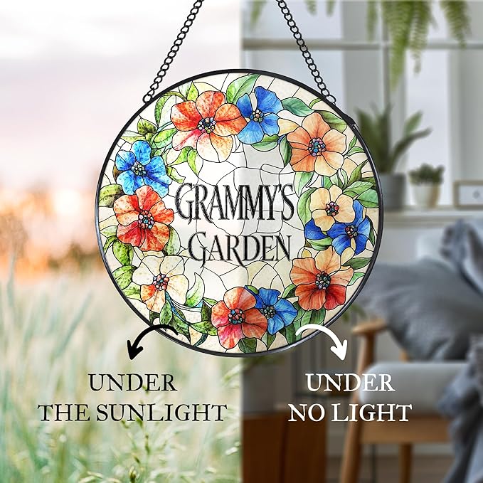 Grammy's Garden Floral Stained Glass Window Hanging Suncatcher for Grandma, Grammy Grandma Gifts Sun Catcher Wall Hanging Decoration for for Mothers Day Christmas Birthday, 7.8 x 7.8 in