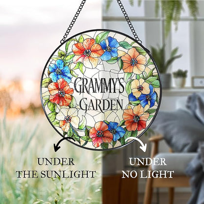 Grammy's Garden Floral Stained Glass Window Hanging Suncatcher for Grandma, Grammy Grandma Gifts Sun Catcher Wall Hanging Decoration for for Mothers Day Christmas Birthday, 7.8 x 7.8 in