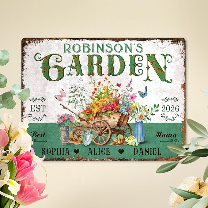 Custom Garden Signs Personalized Metal Tin Sign for Women, Retro Hummingbird Metal Sign for Outdoor, Patio, Yard Home Decor Gift for Mothers Day, Grandmas, and Gardening Lovers (For MOM 04)