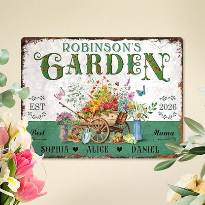 Custom Garden Signs Personalized Metal Tin Sign for Women, Retro Hummingbird Metal Sign for Outdoor, Patio, Yard Home Decor Gift for Mothers Day, Grandmas, and Gardening Lovers (For MOM 04)
