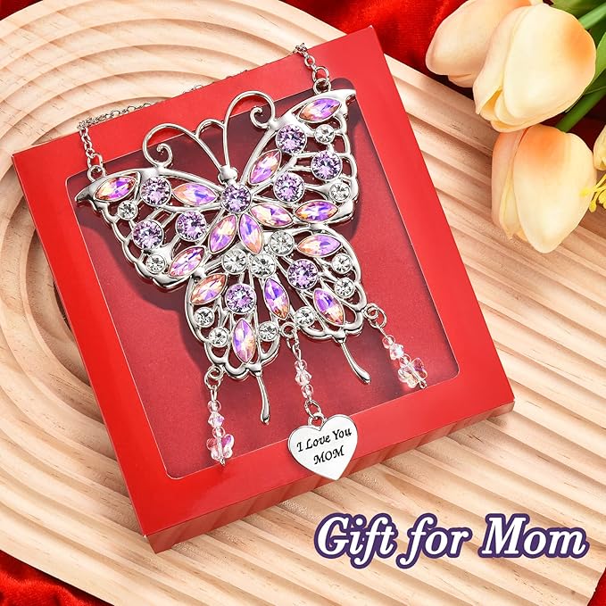 VIVIKEN Mother's Day Rhinestones Butterfly Window Decor Wind Chime Hanging Ornament for Garden House, Glittering Gifts from Son Daughter Mom Mothers Birthday Christmas