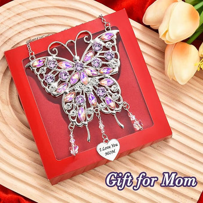 VIVIKEN Mother's Day Rhinestones Butterfly Window Decor Wind Chime Hanging Ornament for Garden House, Glittering Gifts from Son Daughter Mom Mothers Birthday Christmas