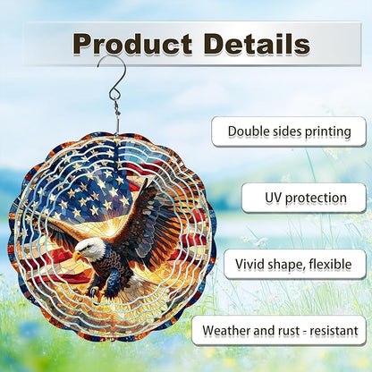 American Eagle Wind Spinner Outdoor, USA 250th Anniversary Wind Chime, 8 Inch 3D Metal Garden Wind Spinner, Stainless Steel Patriotic Yard Hanging Decor Gift