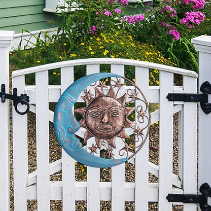 VCUTEKA Sun Face Metal Wall Art Decor Outdoor Sun Moon Patio Garden Fence Deck Yard Pool Wall Sculpture Decoration for Living Room Bedroom Colorful