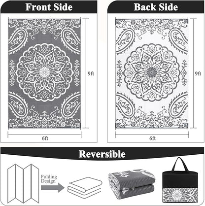 Pauwer Waterproof Outdoor Rug 6x9, Reversible Plastic Straw Patio Camping Rug, Indoor Outdoor RV Mat Carpet for Deck, Camper, Porch, Balcony, Backyard, Picnic, Boho Grey