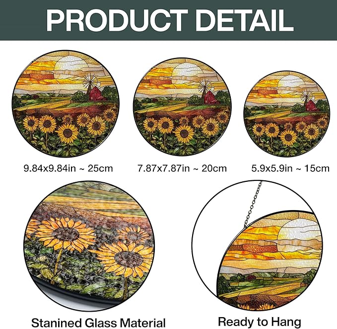 Sunflower Stained Glass Suncatcher Window Hanging Decor, Birthday, Mothers Day, Christmas Sunflower Gifts for Women Adults, Friends, Sisters, Teachers, Home Decors for Window, Kitchen, Garden, Patio