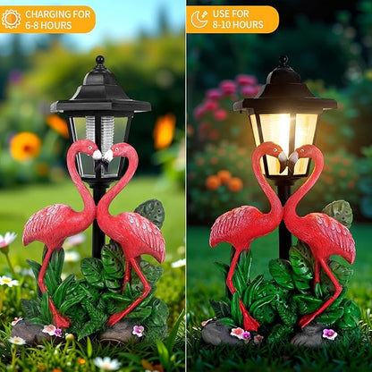 Solar Flamingo Garden Decor, Romantic Flamingo Couple with LED Lantern Decoration for Outside Patio Yard Backyard Gifts for Mother's Day Birthday Housewarming