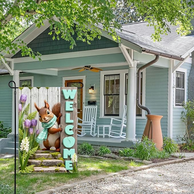 Spring Summer Welcome Flag with 12x18 inch ，Squirrel Design, Decorative Outdoor Double-Sided Banner with Purple Tulips and Mint Letters, Seasonal Home Yard Decor