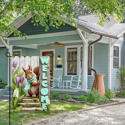 Spring Summer Welcome Flag with 12x18 inch ，Squirrel Design, Decorative Outdoor Double-Sided Banner with Purple Tulips and Mint Letters, Seasonal Home Yard Decor