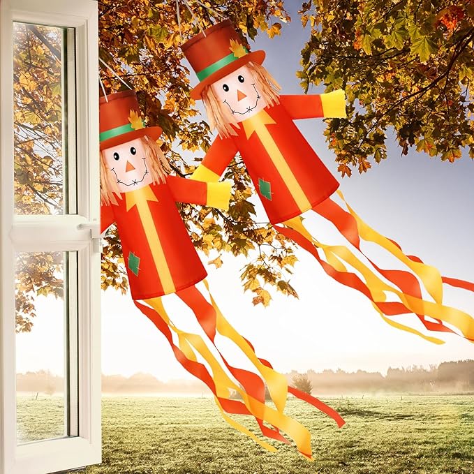 2 Pcs Fall Thanksgiving Scarecrows Windsocks Decoration 40'' Vintage WindSocks for Thanksgiving Decorations Outdoor Hanging Scarecrow for Farmhouse Home Yard Window Party Decor(Autumn)