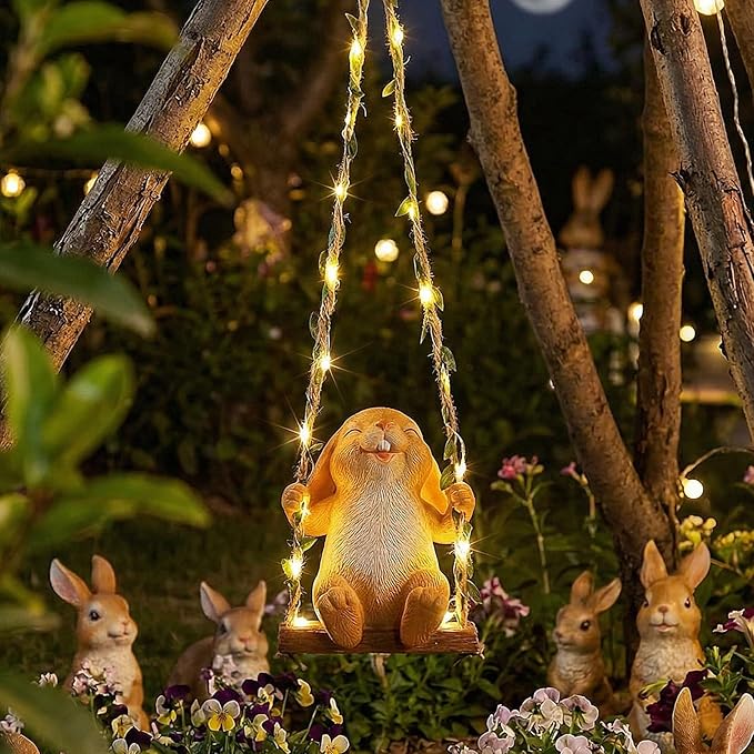 Thyle Solar Light Outdoor Bunny Statues 19" H Hanging Bunny on Swing with LED Light Spring Decorations Outdoor Resin Waterproof Hanging Animal Figurine with Hook for Yard Garden Wall Gift