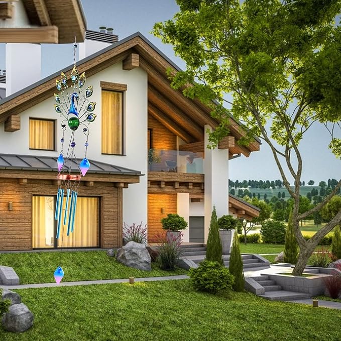 Pearlstar Solar Wind Chimes Outdoor, 53.5" Large Peacock Wind Chimes Light with Crackle Glass Ball, Waterproof Colorful Metal Peacock Wind Chimes for Garden Patio Yard Home Decor Memorial Gift…