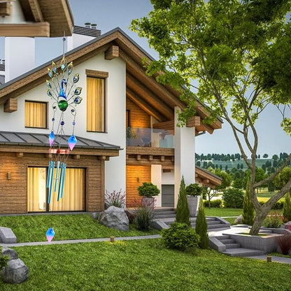 Pearlstar Solar Wind Chimes Outdoor, 53.5" Large Peacock Wind Chimes Light with Crackle Glass Ball, Waterproof Colorful Metal Peacock Wind Chimes for Garden Patio Yard Home Decor Memorial Gift…