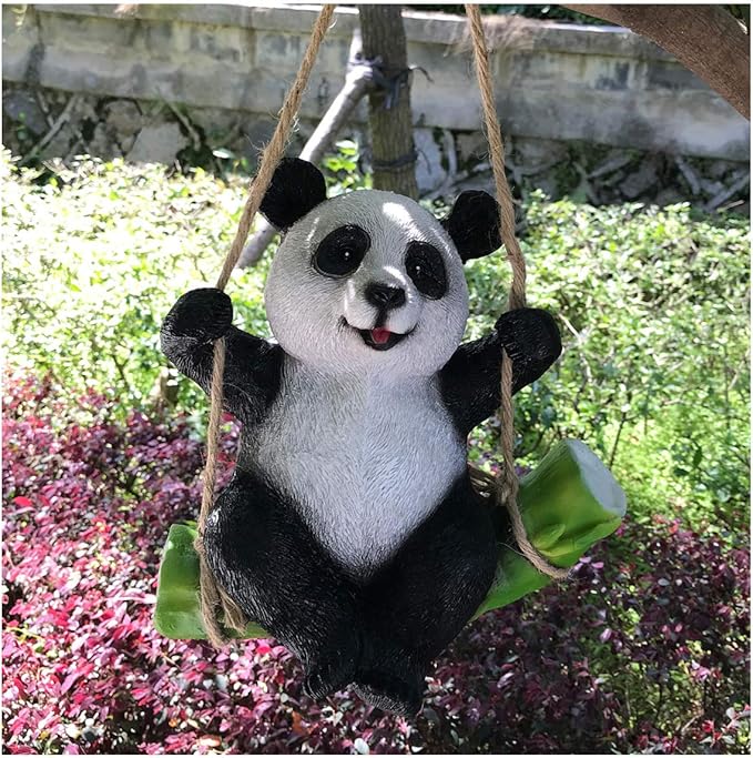 Cute Black and White Panda Swing on Bamboo Creative Statue for Garden Decoration