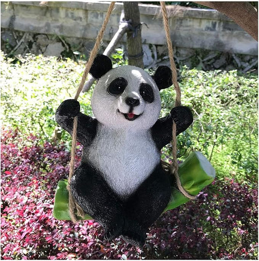 Cute Black and White Panda Swing on Bamboo Creative Statue for Garden Decoration
