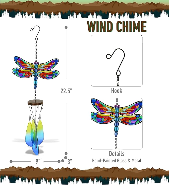 CoTa Global Summer Dragonfly Wind Chime - Handmade Glass and Metal Chime - Wild Life Hanging Decor - Colorful Home Decor Gift, Indoor, Outdoor Hanging Decoration for Porch, Patio, Garden – 22.5 Inch