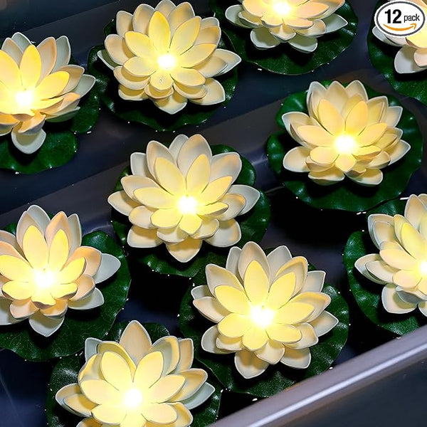 12PCS Waterproof Floating Lotus Light, 5 Inch Floating Lily Flower Water Activated Artificial Flowers Battery Operated Warm White Light for Wedding Pool Anniversary Garden Decor