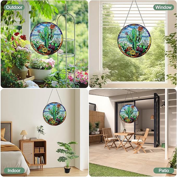 Cactus Stained Glass Window Hanging Suncatcher with Chain - 7.9" Arizona Outdoor/Indoor Art Decor for Home Garden, Thanksgiving, Wedding, Mother's, Valentine's & Christmas Ornaments Present