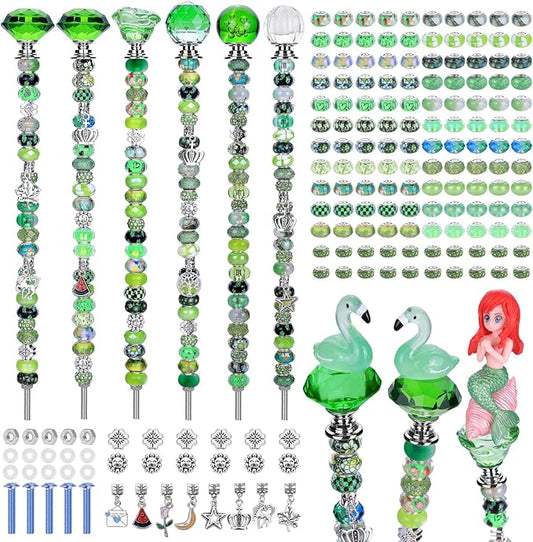 AIPRIDY 158 Pcs DIY Fairy Wand Garden Stakes Kit,Multiple Color Scheme European Beads Crystal Diamond Tops and 12 or 10 Inch Threaded Rods,Stainless Steel Stakes with Diamond Toppe (Peridot)
