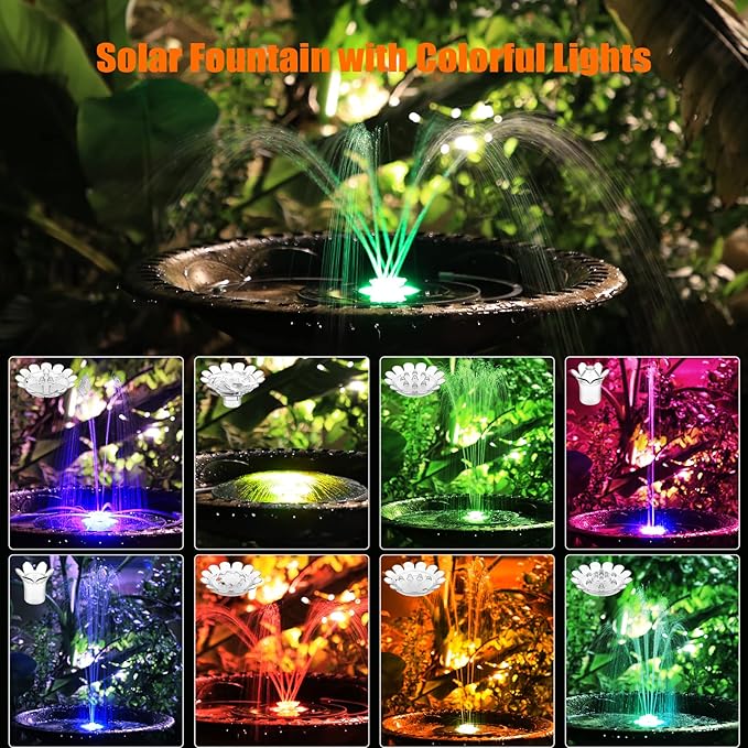 AISITIN Solar Fountain with Lights, 3.5W Solar Water Fountain with 1500mAh Battery Backup & 6 Nozzles, LED Solar Water Pump for Bird Bath, Outdoor, Pond, Pool, Fish Tank & Garden