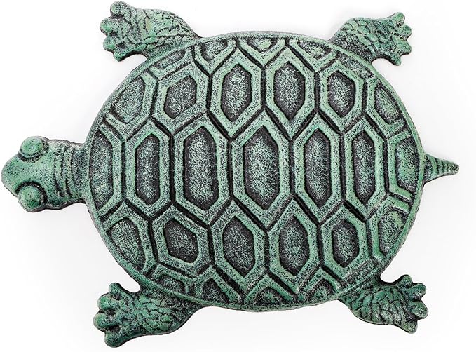Lawei Cast Iron Turtle Stepping Stone, Sturdy Metal Stepping Mat for Front Door, Garden, Lawn and Yard, Verdigris Tortoise Decorative Stone Path Paver for Outdoor Walkway, 12.5 x9.4 Inch