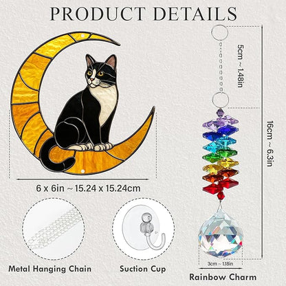 Tuxedo Cat Suncatcher – Black and White Cats Decor Hanging on Moon with Crystal Prism – Tuxedo Cat Gifts for Women, Home or Garden Gift Idea
