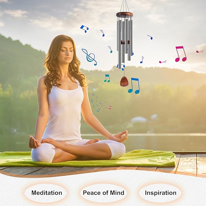 Bursvik Large Aluminium Wind Chimes 37 Inches to Create a Zen Atmosphere Suitable for Outdoor, Garden, Patio Decoration. Classic Wind Chimes with Wind Catcher Suitable as A Gift for Unisex,Silver Grey