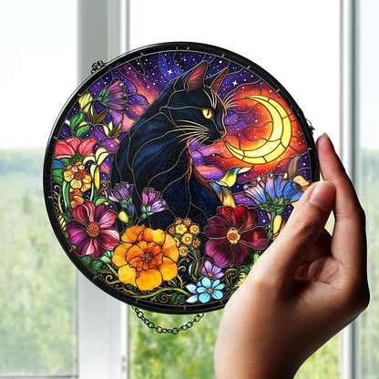 7.8" Black Cat Suncatcher Stained Glass Hanging Window Halloween Sun Catcher Gothic Ornaments Wall Art Home Room Kitchen Garden Decor Birthday for Women Men Cats Lovers