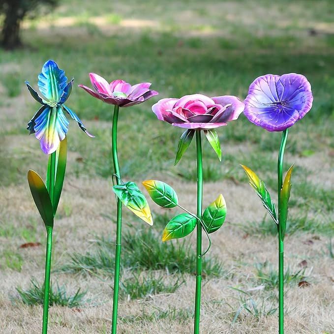 28.5" H Large Flower Stake Metal Decoration for Garden Set of 4, Plant Pick Art Ornaments Waterproof Stake for Lawn Porch Pathway Patio Flower Bed, Yard Outdoor Ornaments(Red & Purple & Blue)