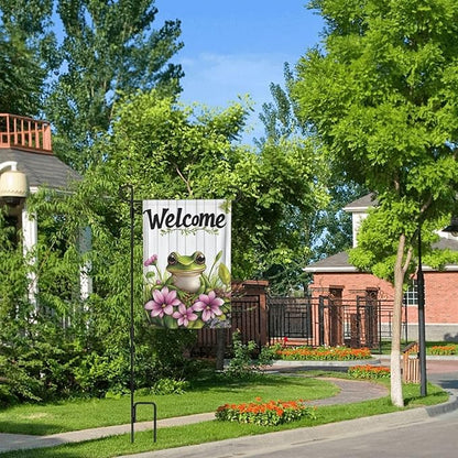 Welcome Frog Pink Flowers Garden Flags 12×18 Inch Double Sided Decorative Yard Banner Seasonal Flag for Outdoor Outside Decor