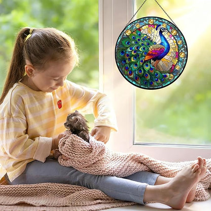 Stained Glass Window Hanging, 7.9" Peacock Suncatcher Ornament, Hand-Painted Round Stained Glass, Peacock Themed Gifts for Women & Bestie, Indoor/Outdoor Garden Wall Art & Housewarming Decor