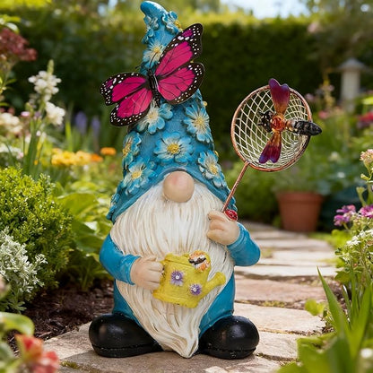 Garden Gnome Statues Outdoor Decor Solar Gnomes with Butterfly on LED Lighted Flowers, Resin Blue Gnomes Sculpture for Patio Yard Lawn Onament Decoration