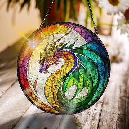 Bimkole Dragon Stained Glass Suncatcher Window Hanging - Animals Indoor Window or Doorway Decoration - Handmade Sun Catcher Decor for Garden Home Christmas & Birthday Gifts 7.87x7.87 Inch