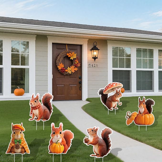 6Pcs Thanksgiving Yard Signs Stakes,The Nut Squirrel Pumpkin Fall Outdoor Decorations for Home Outdoor Yard Patio Lawn Decor, Garden Decorations
