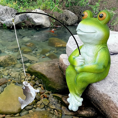 9.5" Fishing Frog Statue, Whimsical Lawn Yard Art, Funny Garden Pond Fisherman Sculpture, Resin Animal Decorative Figurine, Ideal for Frog Lovers