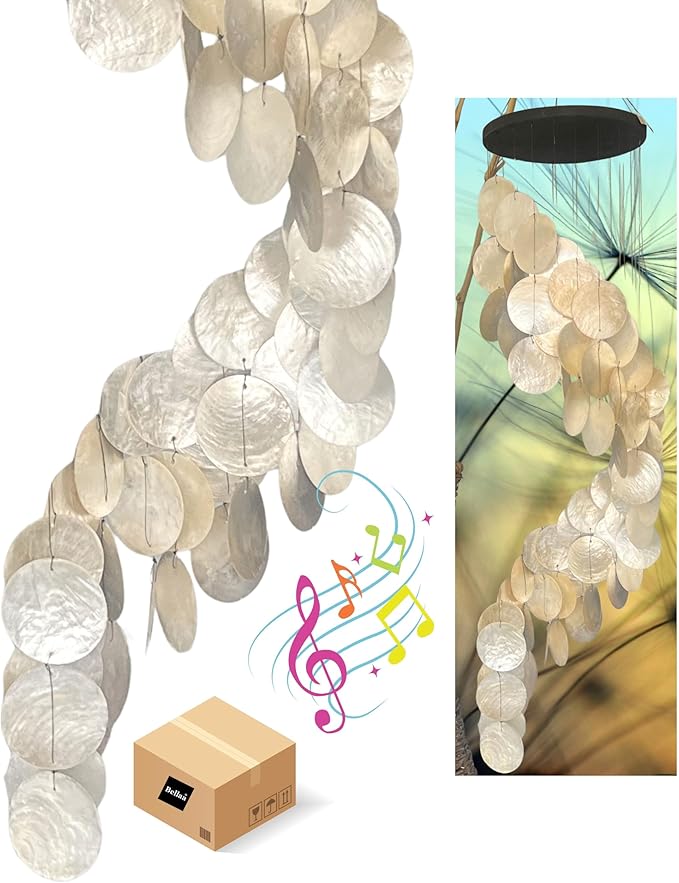 Bellaa 24537 Wind Chimes Outdoor, Garden Decorations, Musical, Indoor/Outside Windchimes, Beach, Ocean Breeze, Gifts for Mom, Gift for All Occasions, Capiz Sea Glass Shells Wood 27 inch White Gold