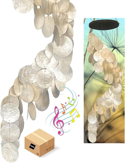 Bellaa 24537 Wind Chimes Outdoor, Garden Decorations, Musical, Indoor/Outside Windchimes, Beach, Ocean Breeze, Gifts for Mom, Gift for All Occasions, Capiz Sea Glass Shells Wood 27 inch White Gold
