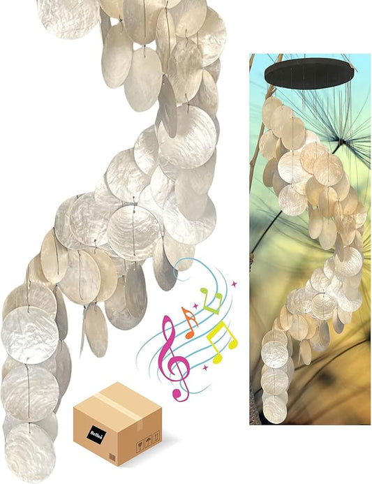 Bellaa 24537 Wind Chimes Outdoor, Garden Decorations, Musical, Indoor/Outside Windchimes, Beach, Ocean Breeze, Gifts for Mom, Gift for All Occasions, Capiz Sea Glass Shells Wood 27 inch White Gold