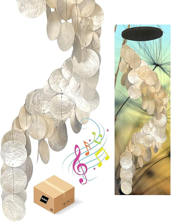 Bellaa 24537 Wind Chimes Outdoor, Garden Decorations, Musical, Indoor/Outside Windchimes, Beach, Ocean Breeze, Gifts for Mom, Gift for All Occasions, Capiz Sea Glass Shells Wood 27 inch White Gold