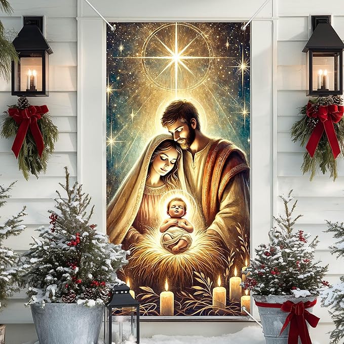 IVN Christmas Door Cover Decoration 71 x 35 in Holiday Banner Glowing Nativity Scene with Radiant Infant and Holy Family Photo Backdrop Indoor Outdoor for Front Door Party Decorations