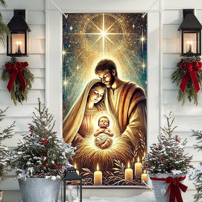IVN Christmas Door Cover Decoration 71 x 35 in Holiday Banner Glowing Nativity Scene with Radiant Infant and Holy Family Photo Backdrop Indoor Outdoor for Front Door Party Decorations