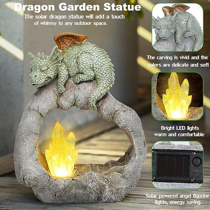 VEEKI Solar Dragon Garden Statues Outdoor, Resin Dragon Statue Solar Figurine Lights Outdoor Waterproof, Solar Sculpture Dragon Decor for Garden Yard Patio, Dragon Gifts for Mom Grandma Women