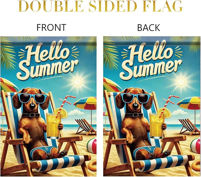 Summer Garden Flag 12x18 Inch Funny Dog Hello Summer Beach Chair Sunglasses Tropical Vacation Design Outdoor Yard Porch Lawn Patio for Seasonal Coastal Home Decor