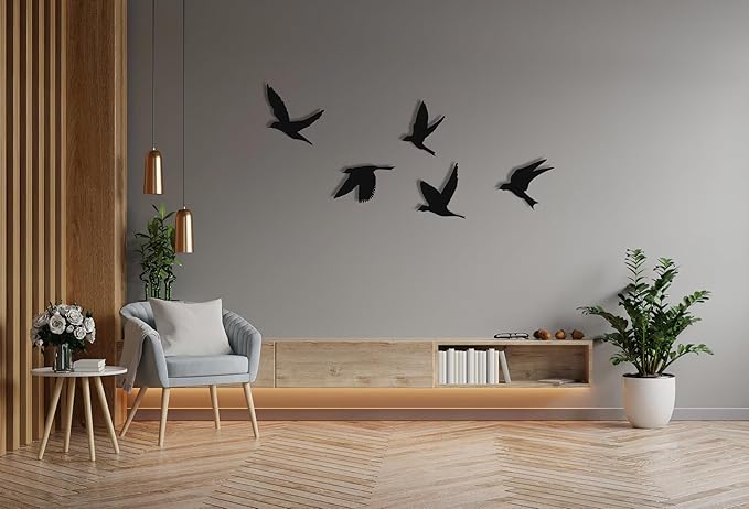 Birds Metal Wall Decor Set of 5, Minimalist Bird Flock Wall Art, Metal Garden Decorations, Home Decor, Modern Home Decoration, Birds Sign for Living Room, Birds Wall Hangings for Office, Bird Art (Black, 13" / 25 cm - LARGE)
