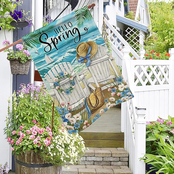 Hzppyz Hello Spring Chairs House Flag Double Sided, Forget Me Not Flower Coastal Beach Decorative Garden Yard Outdoor Large Decor, Nautical Sailboat Bag Hat Burlap Home Outside Decoration 28 x 40