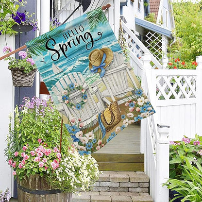 Hzppyz Hello Spring Chairs House Flag Double Sided, Forget Me Not Flower Coastal Beach Decorative Garden Yard Outdoor Large Decor, Nautical Sailboat Bag Hat Burlap Home Outside Decoration 28 x 40