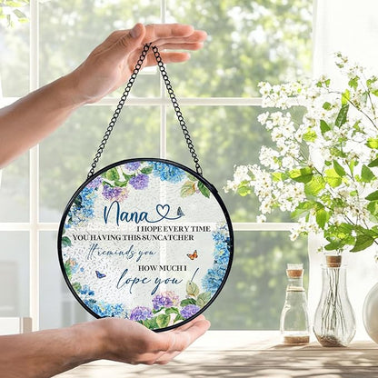 Nana Gifts Suncatchers Stained Glass Window Hanging, Nana Gifts for Mother's Day from Grandkids Sun Catchers Indoor Window, Best Grandma Gift, 7.9x7.9in