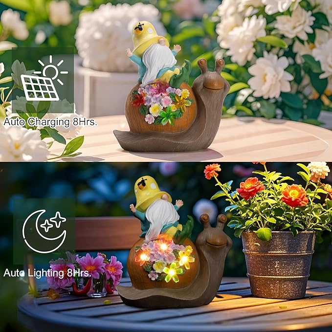 Etlemonde Solar Gnomes Outdoor Snail Garden Statue for Yard with Outdoor Decorations for Patio Mom Gift